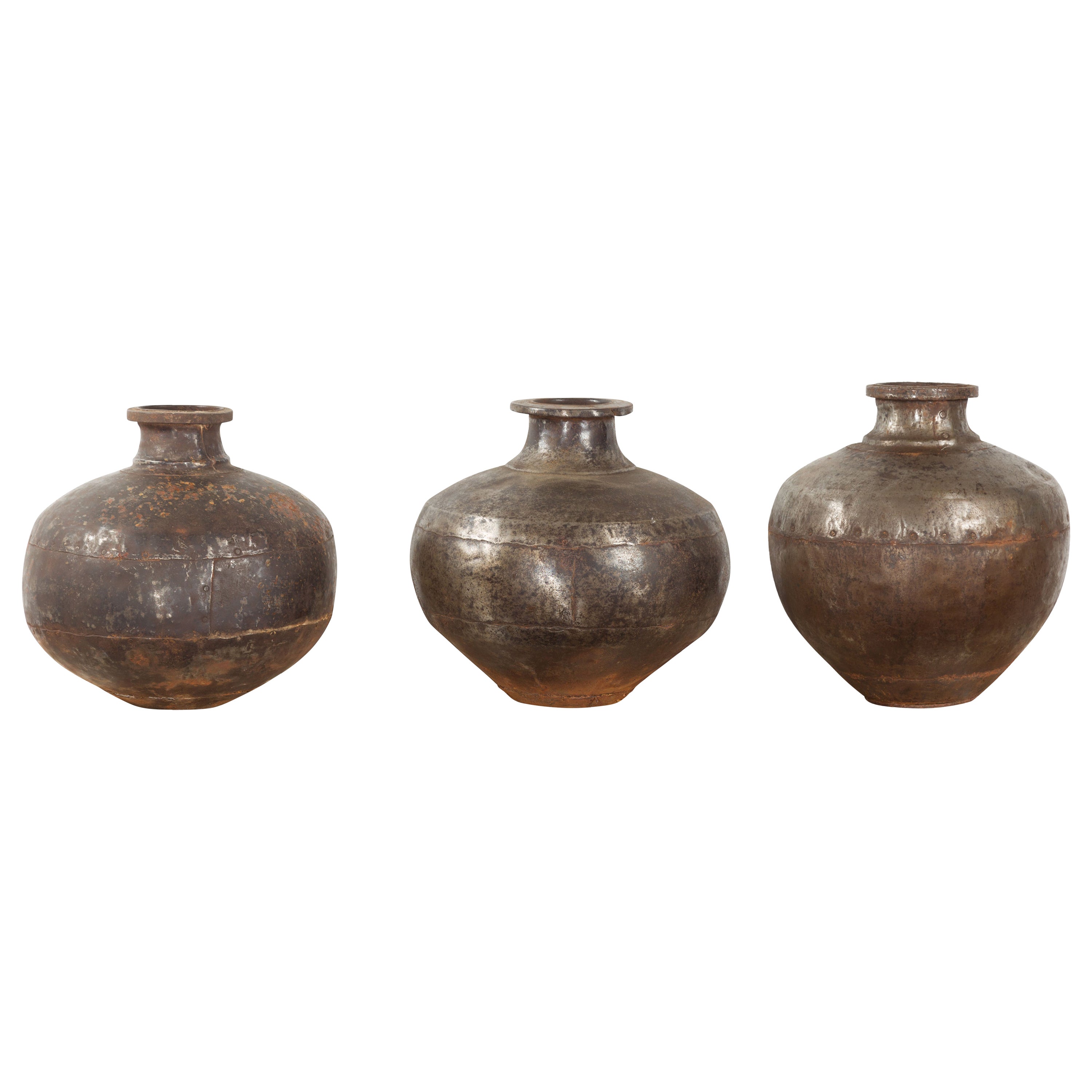 Set of Three Vintage Indian Metal Vessels with Weathered Patina For Sale