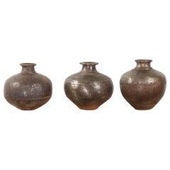 Set of Three Vintage Indian Metal Vessels with Weathered Patina