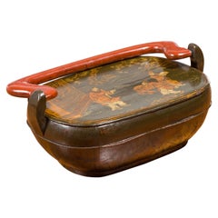 Boîte à couvercle en laque noire vintage chinoise avec décor de chinoiserie peint à la main