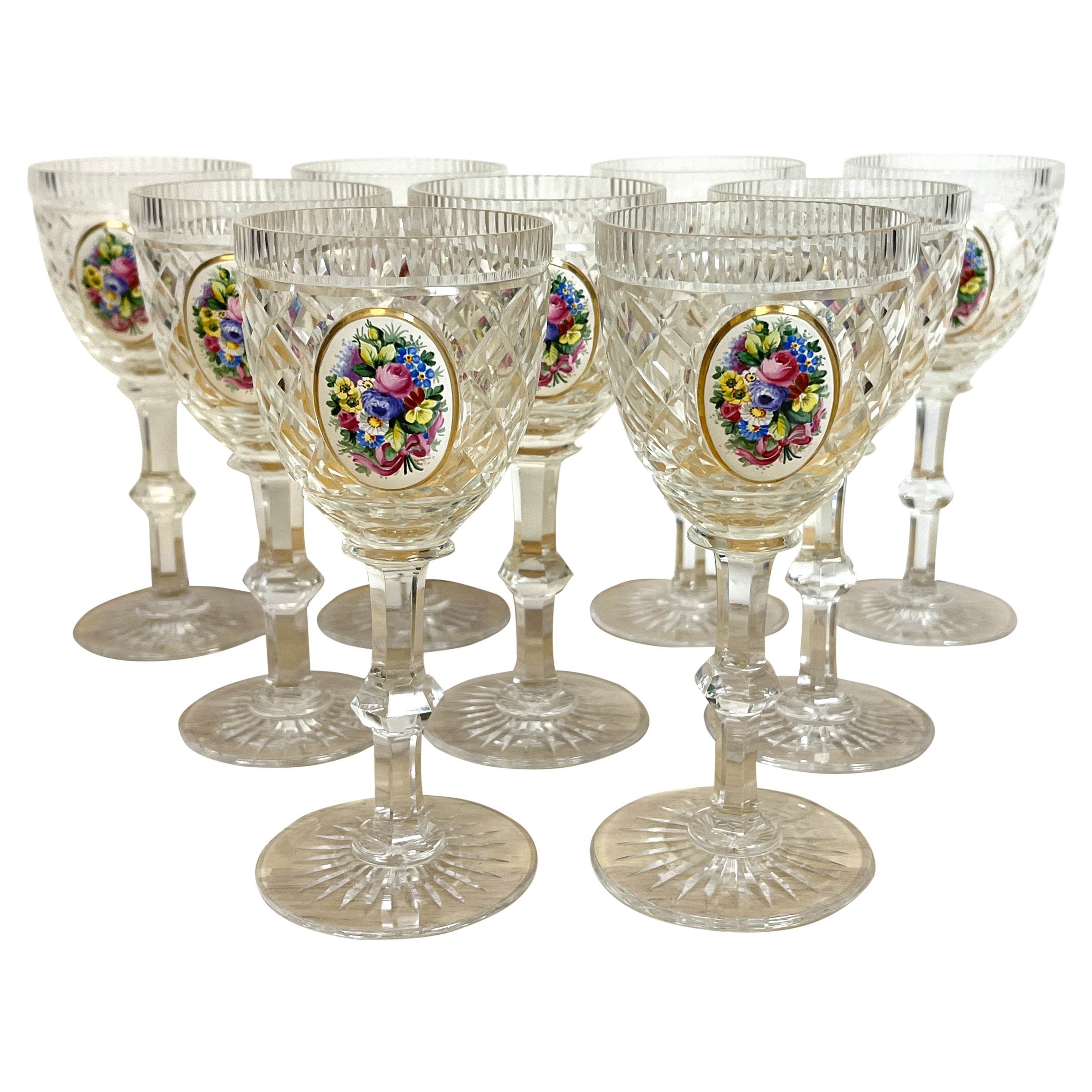 8 Exquisite Moser Floral Enameled Cut to Clear Enamel Glasses