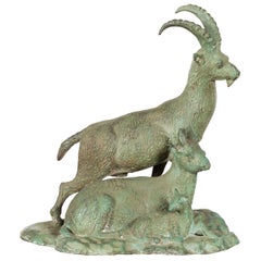 Vintage Lost Wax Cast Bronze Family of Ibex Sculpture with Verde Patina