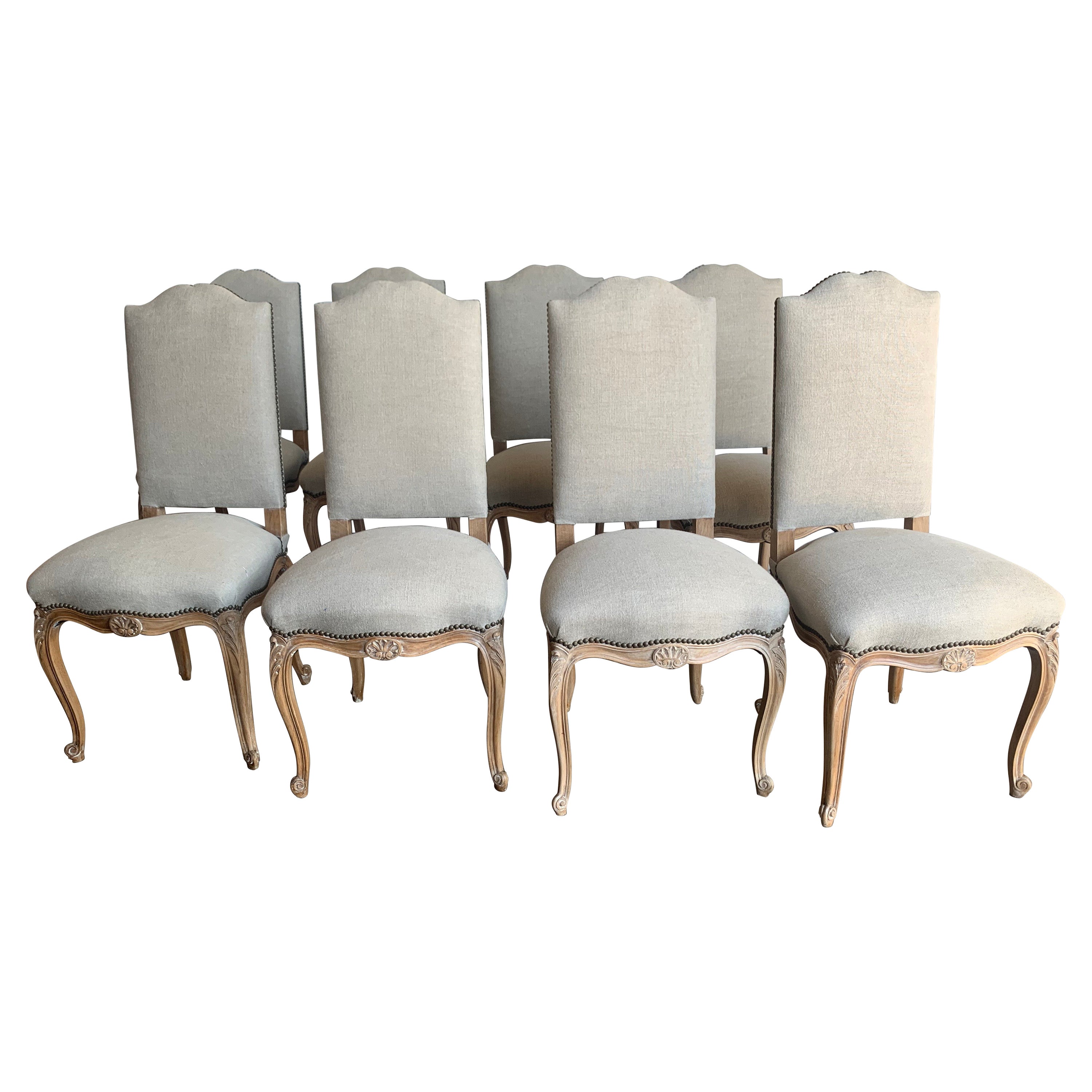 Set of Eight French Linen Dining Chairs