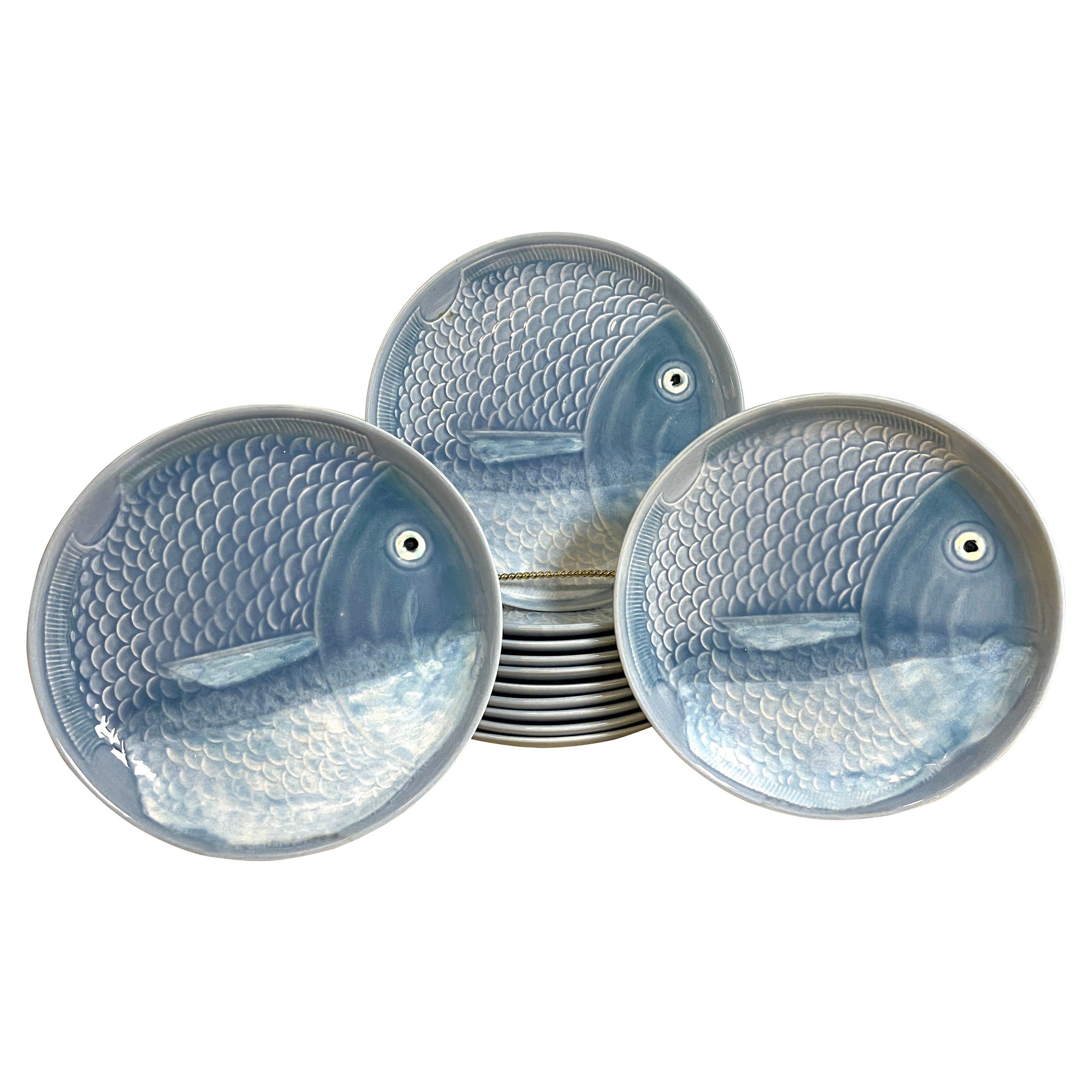 12 Blue & White Faience Fish Motif Plates For Sale