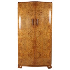 Vintage English Art Deco Burr Walnut Gentleman’s Wardrobe