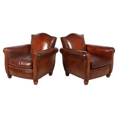 Pair of French Leather Lounge Club Armchairs, c1940