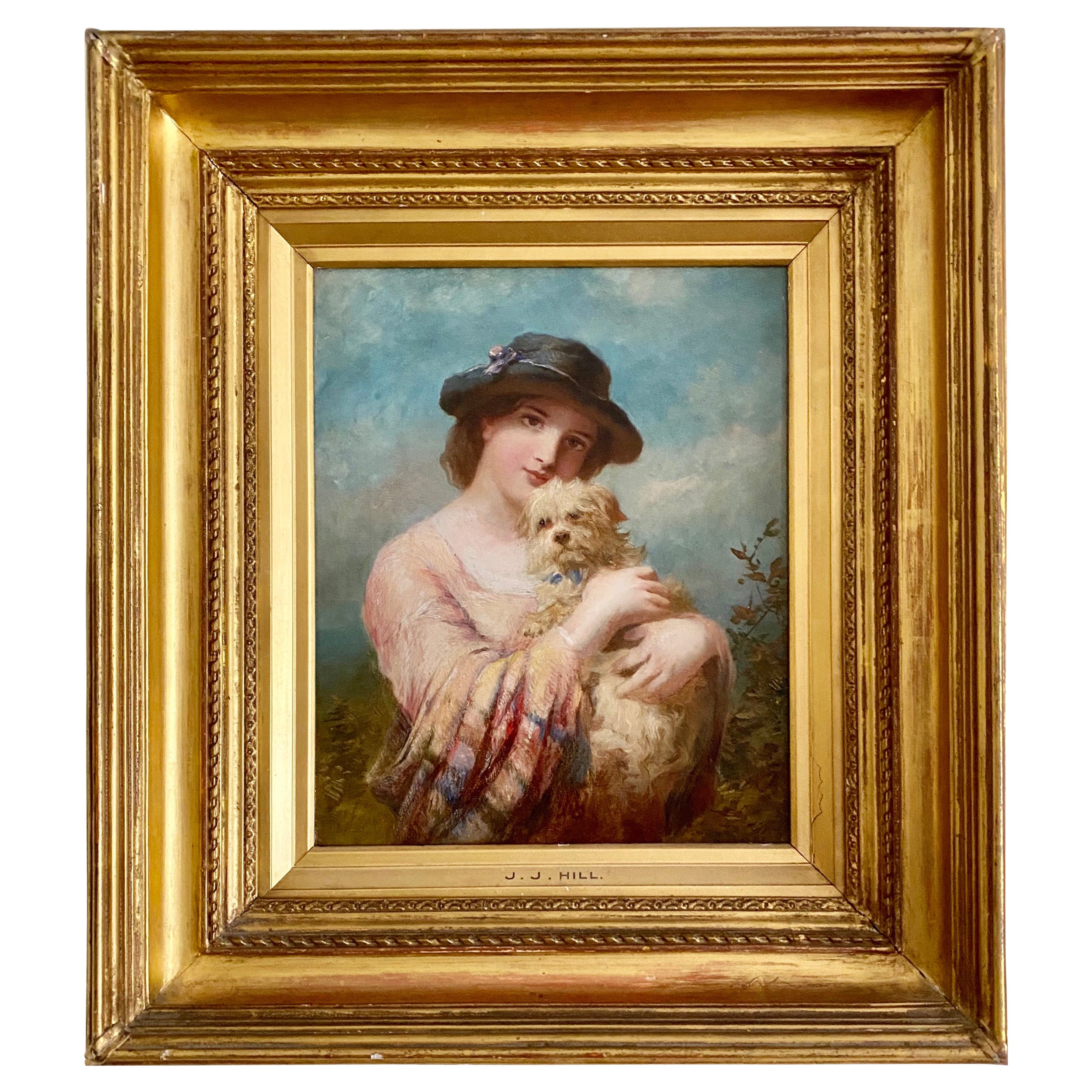 James John Hill Rba a Lady and Her Dog, Oil on Canvas For Sale