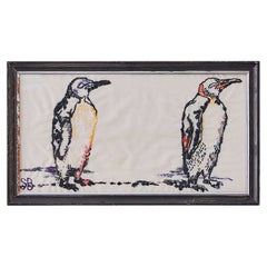 Vintage Sarah Becker Wall Embroidery of Penguins in Antique Frame, Denmark, 2011