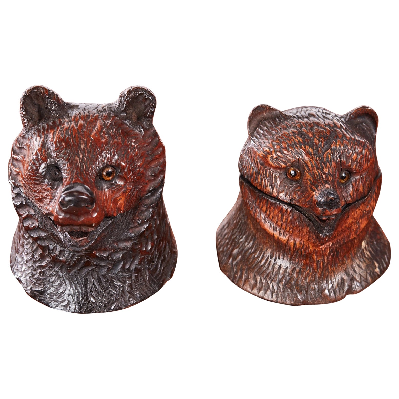 Pair of Antique Carved Black Forest Bear Inkwell For Sale