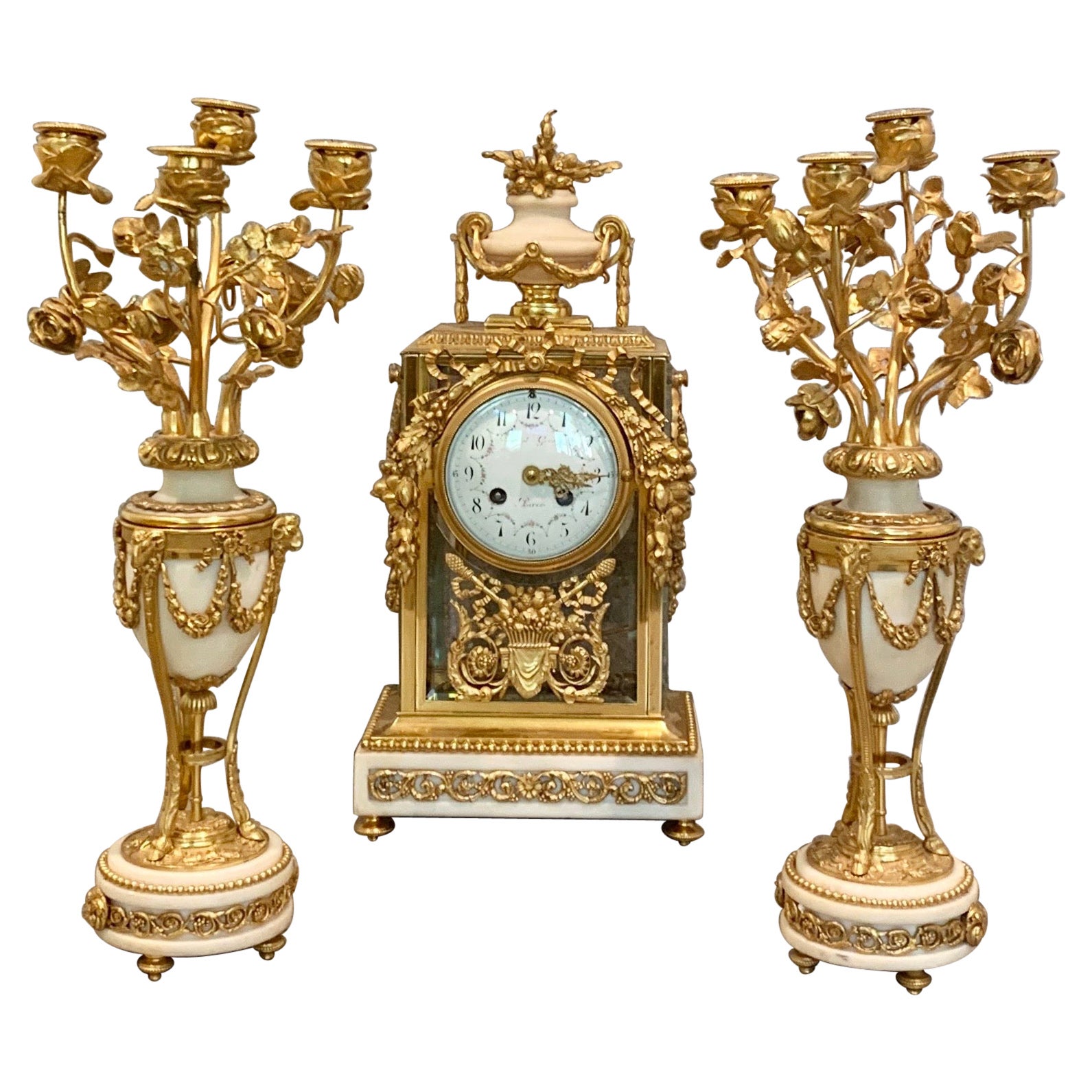 Fine French Gilt Bronze Four Glass Clock Set by Gerard, Paris Early 19th Century