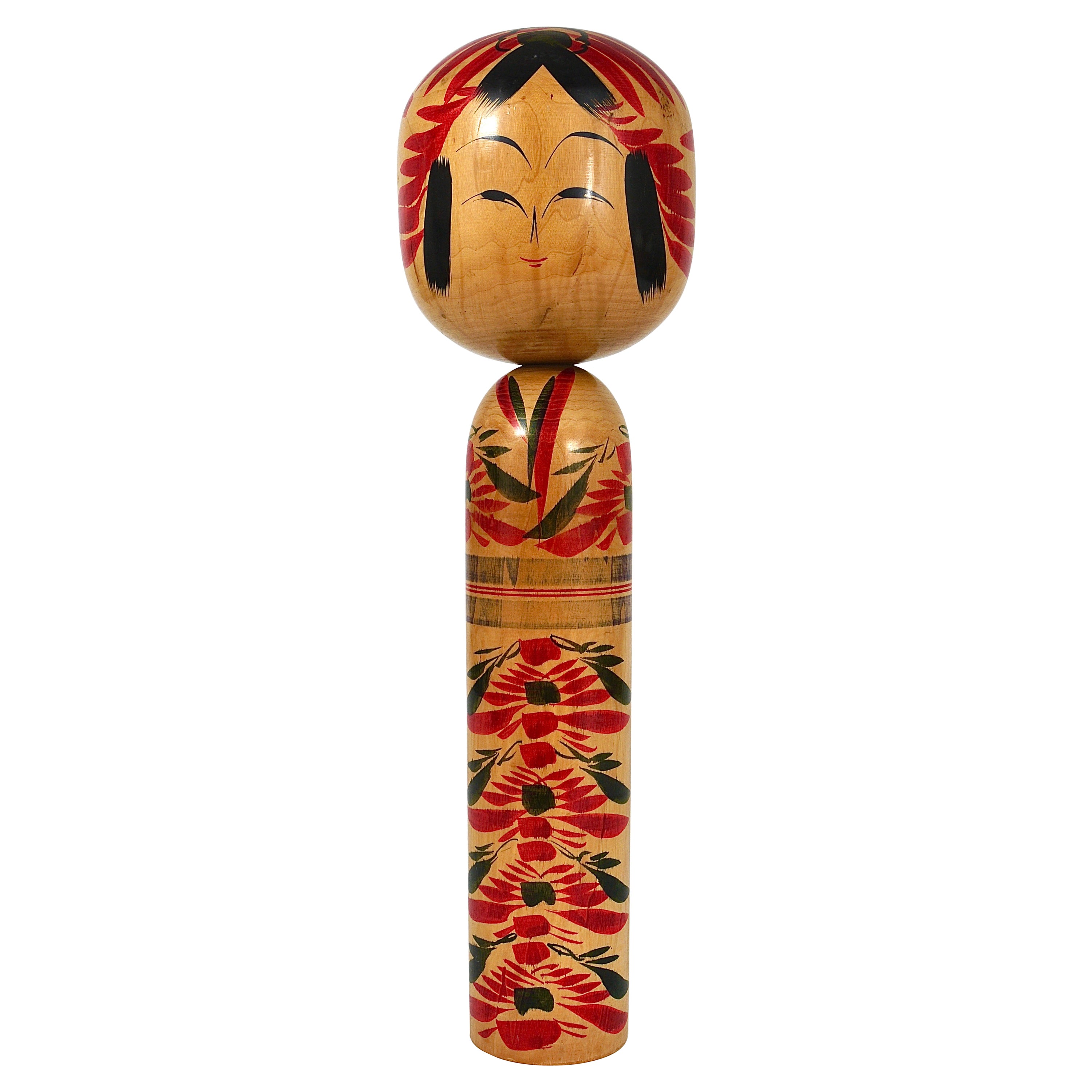 Decorative Kokeshi Doll Sculpture from Northern Japan, Hand-Painted, Signed