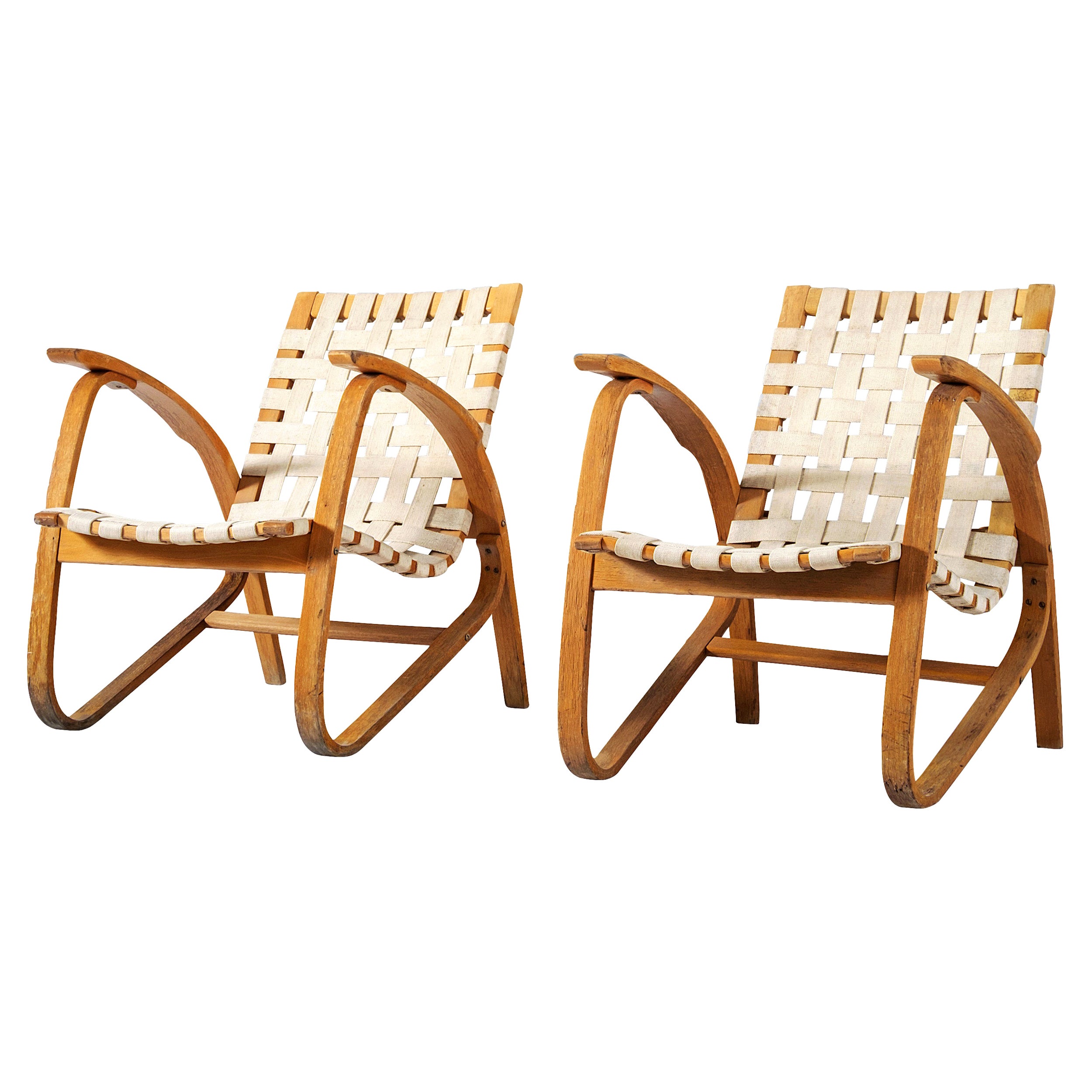Jan Vanek Sculptural Lounge Chairs in Wood and Canvas