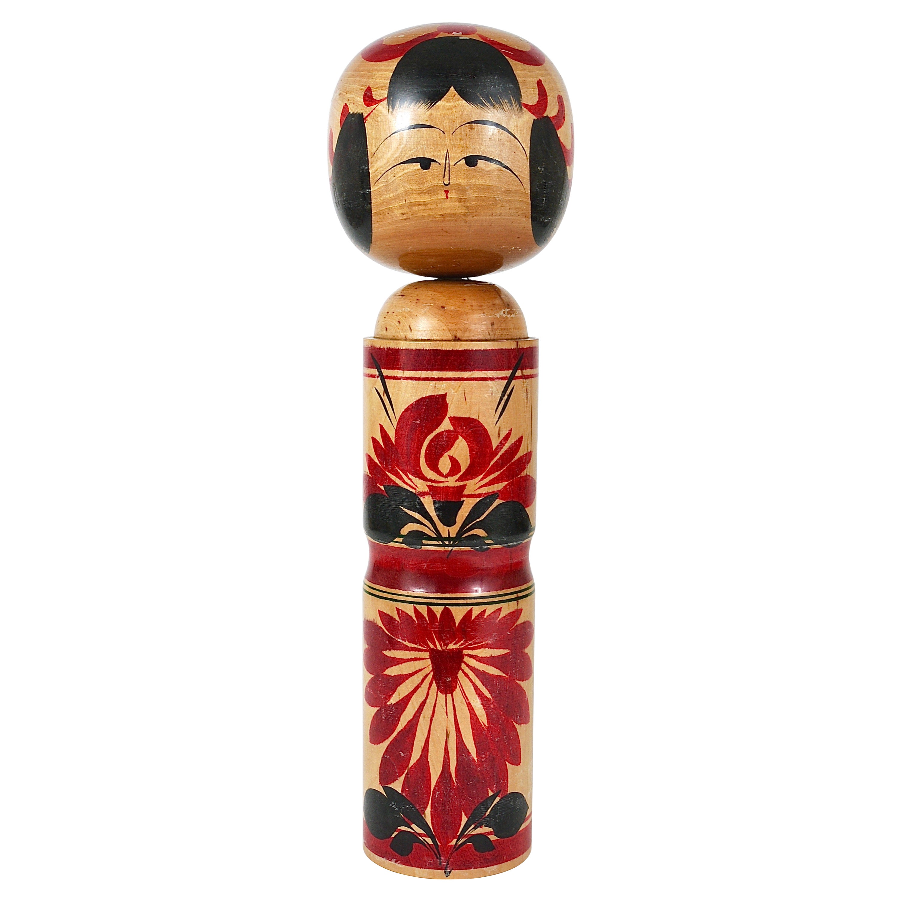 Decorative Kokeshi Doll Sculpture from Northern Japan, Hand-Painted, Signed