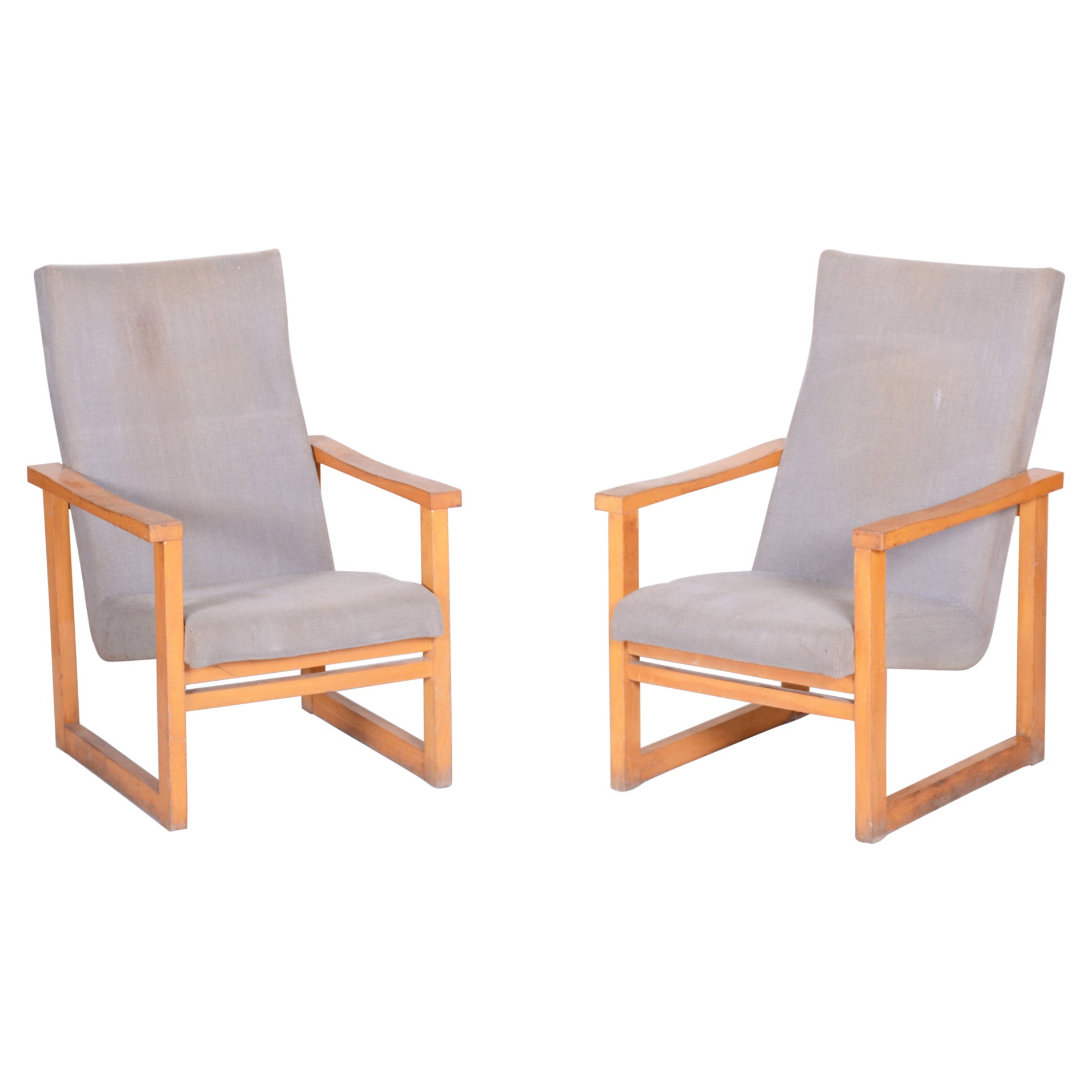 20th Century, Beige Pair of Maple Armchairs, Original Condition, Czechia, 1960s For Sale