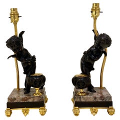 Large Pair of Antique Two Tone Bronze Dancing Cherub Table Lamps