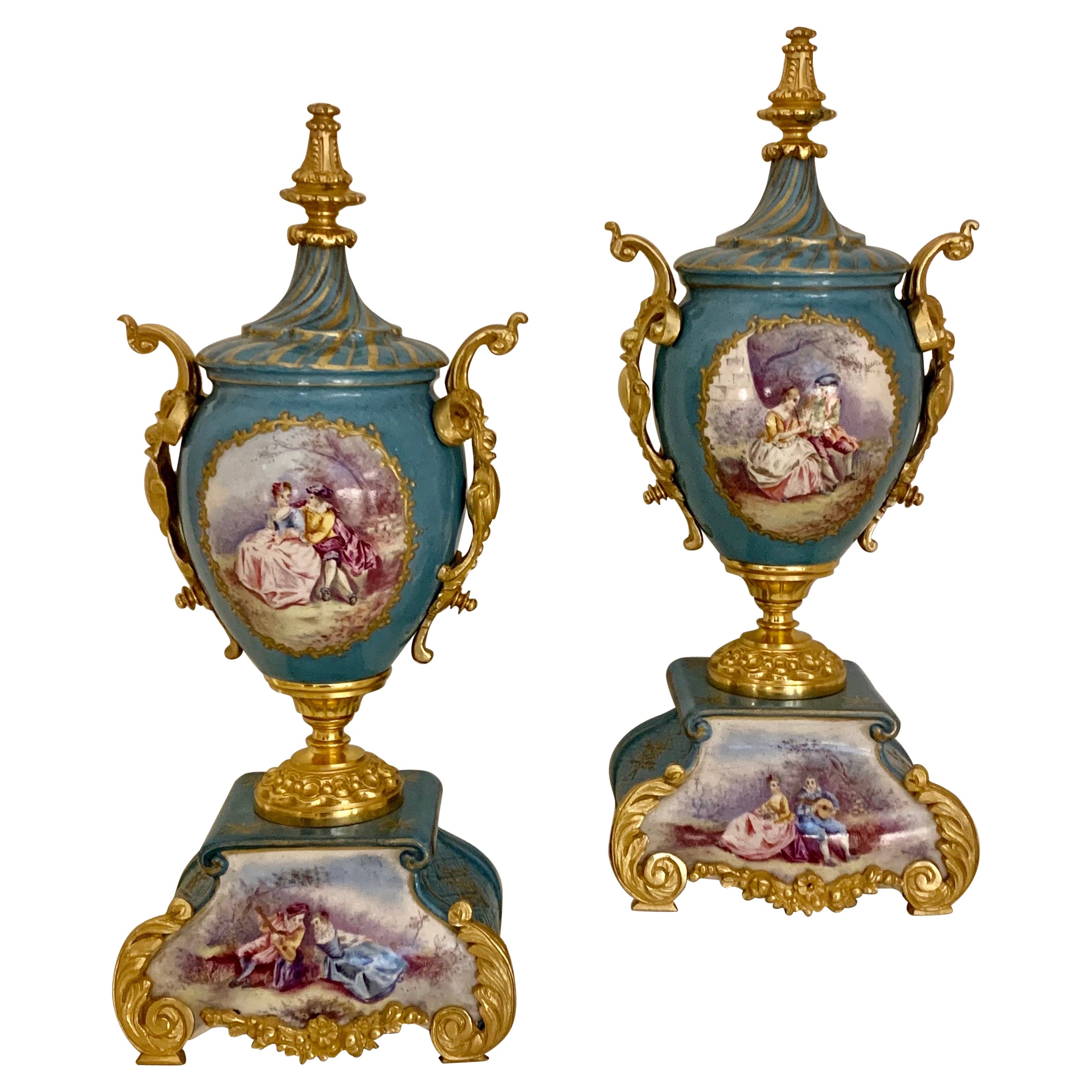 Fine Quality Pair of Sevres Bleu Celeste Gilt Bronze Porcelain Antique Vases