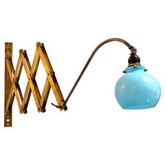 Italian Early-Twentieth C. Pantograph Brass Wall Lamp with Blue Glass, 1900s