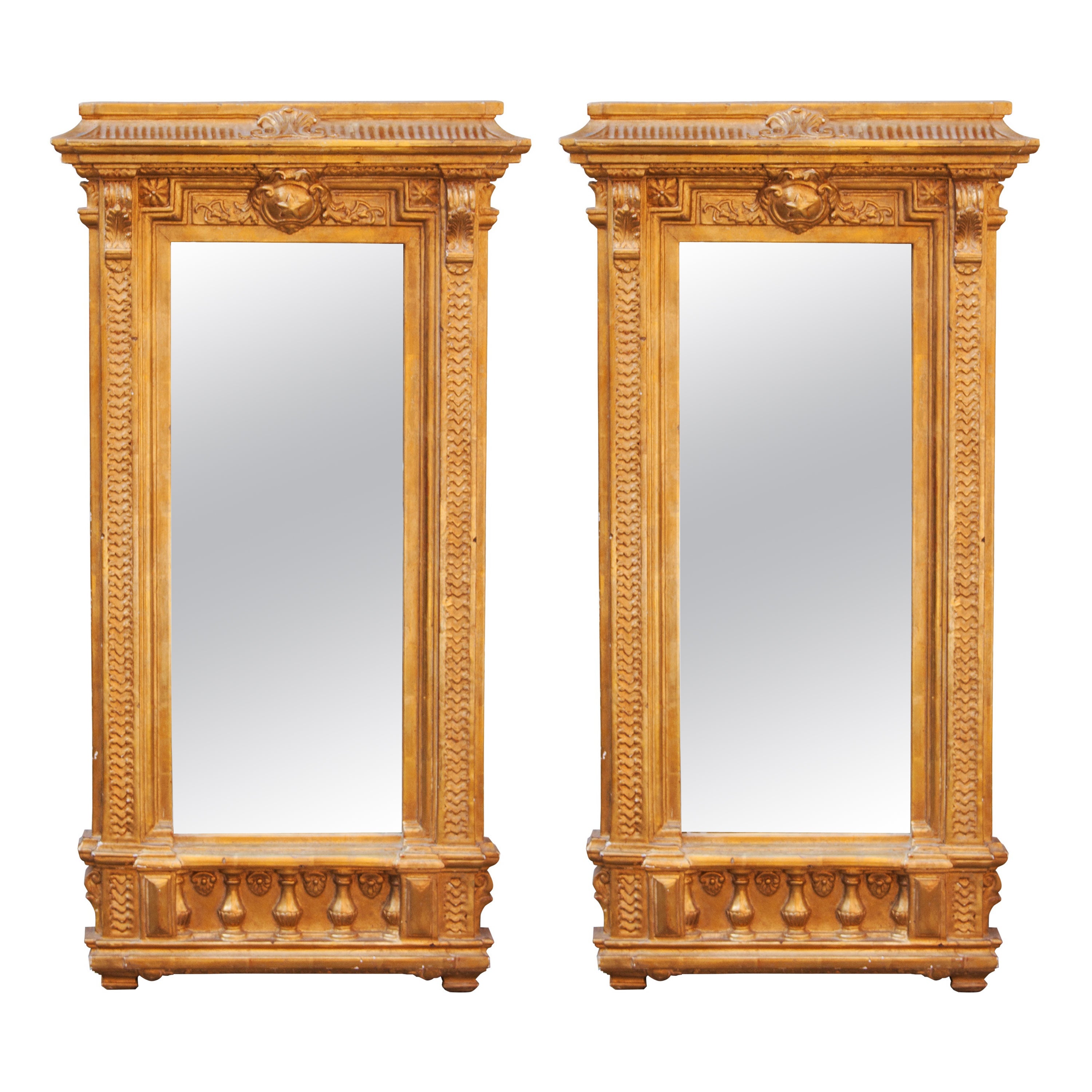 Neoclassical Empire Rectangular Gold Hand Carved Wooden Pair Mirror, Spain, 1970 For Sale