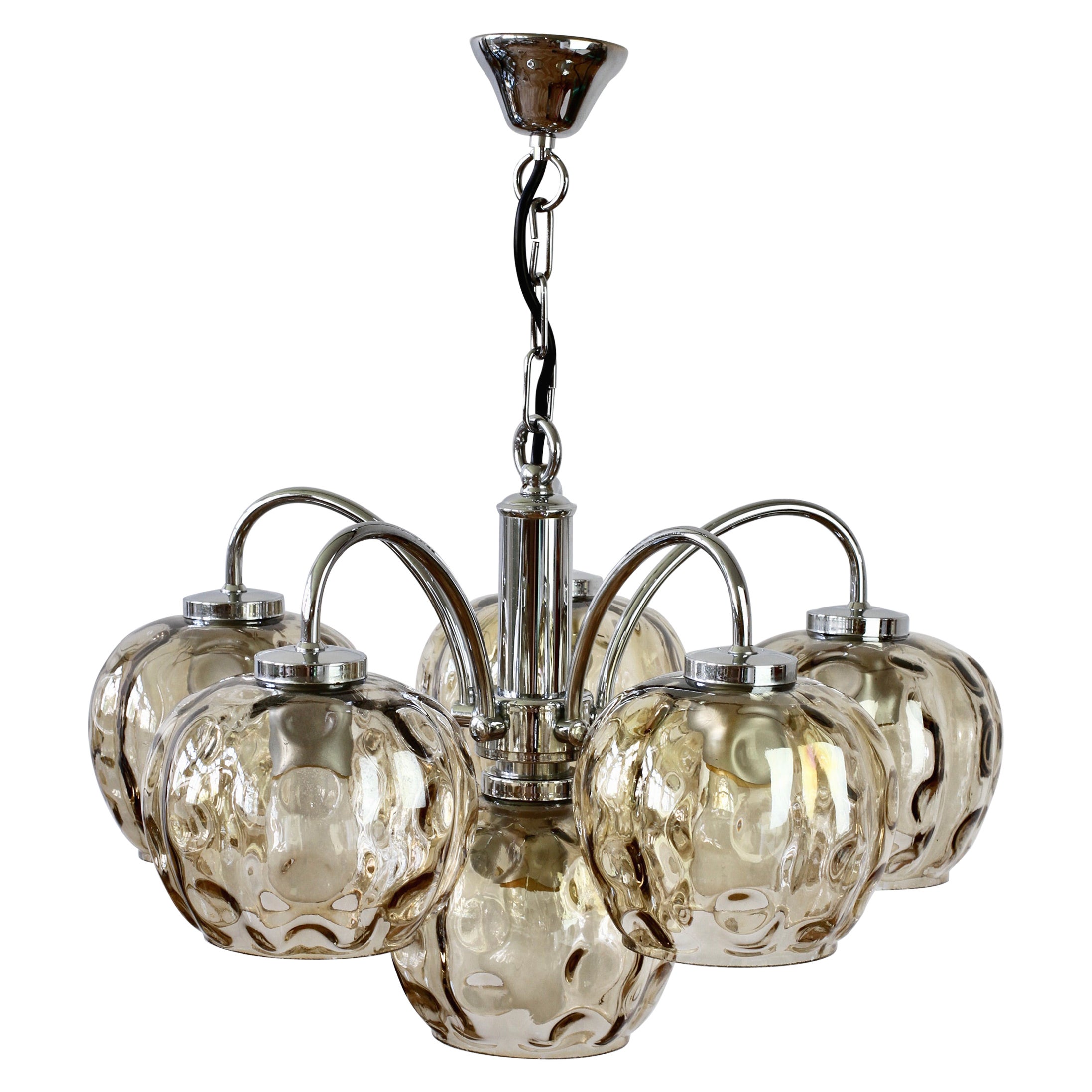1970s Vintage Six Arm Chrome Chandelier with Smoked Toned "Bubble" Glass Shades For Sale