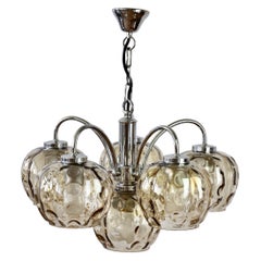 Lampadario vintage anni '70 a sei bracci in cromo con paralumi in vetro "Bubble" color fumo