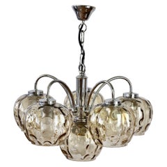 1970s Vintage Six Arm Chrome Chandelier with Smoked Toned "Bubble" Glass Shades