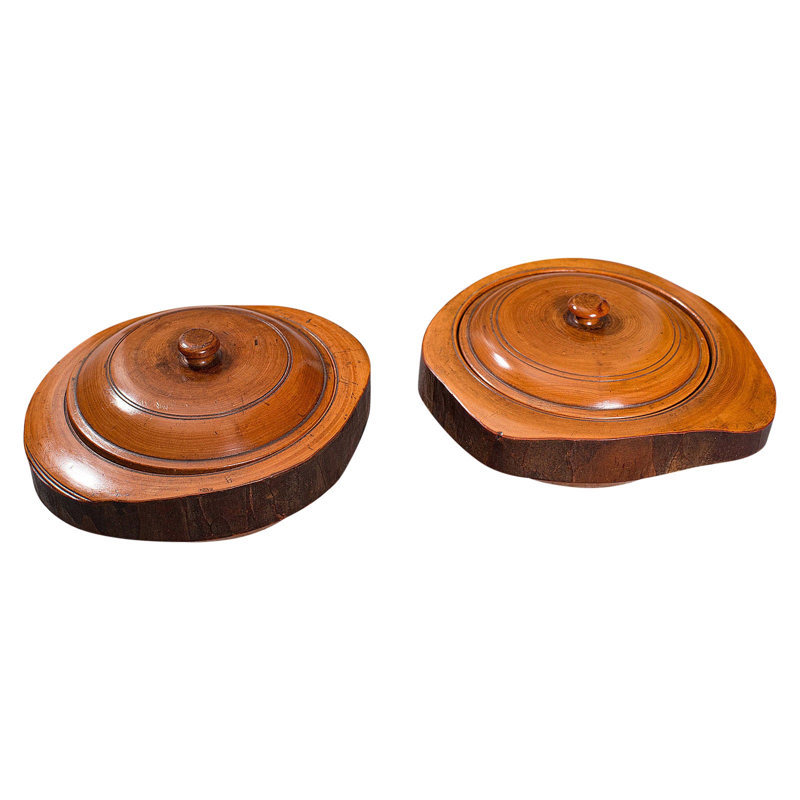Pair of Antique Carved Lidded Bowls, Treen, English, Yew, Victorian, circa 1900