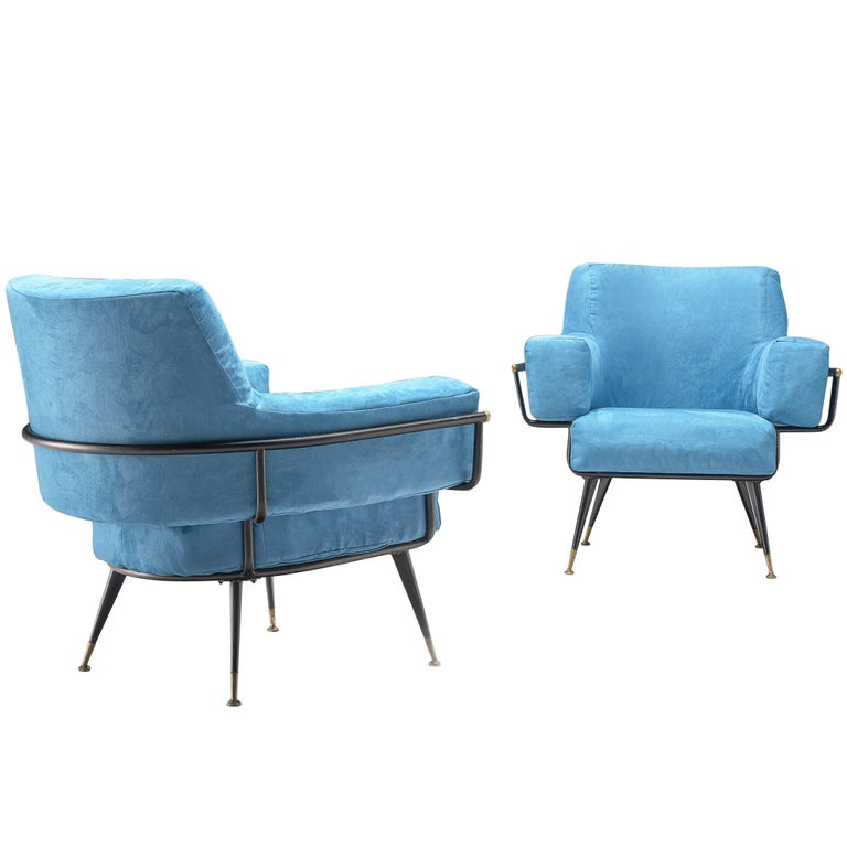 Pair of Italian Lounge Chairs in Blue Velvet For Sale