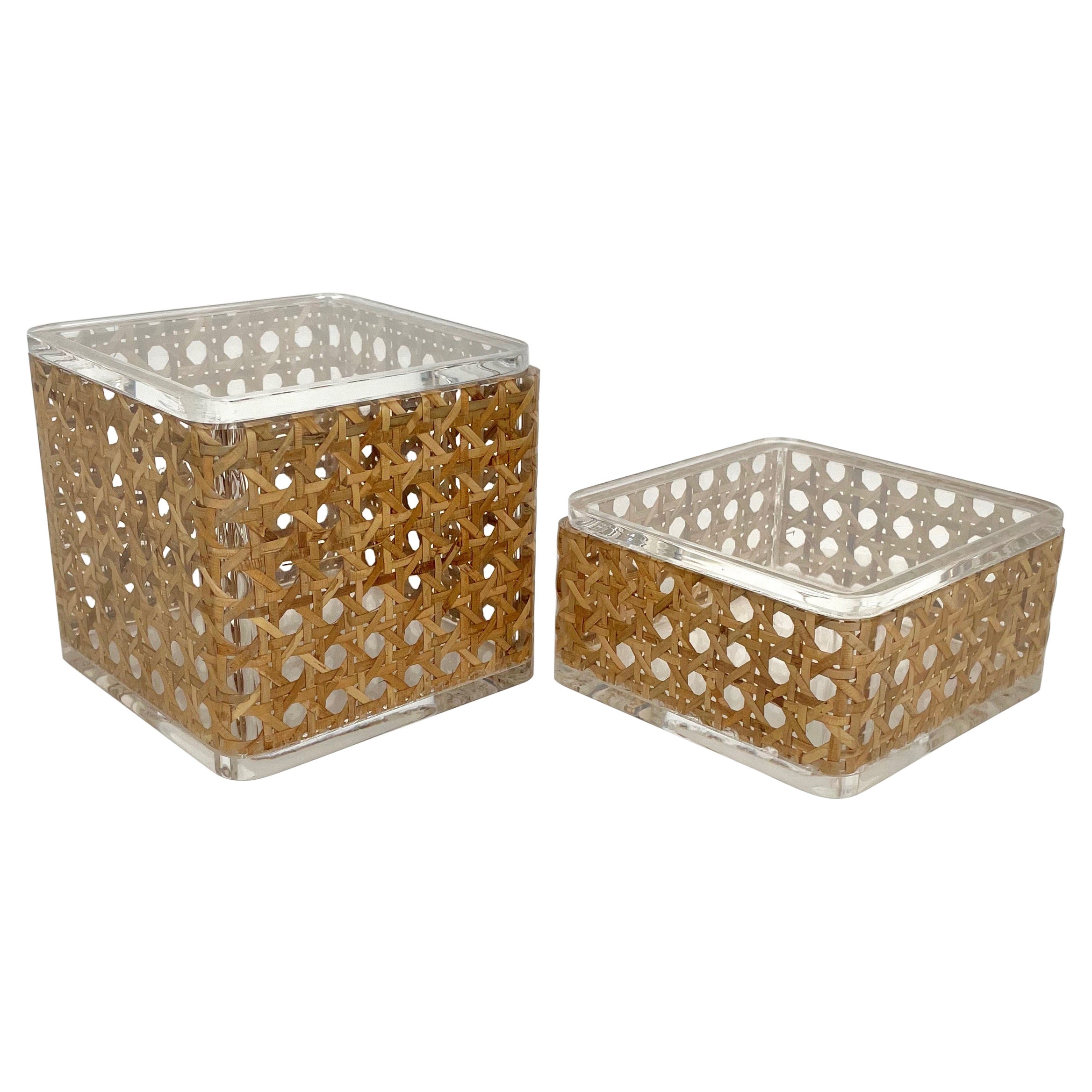 Pair of Box in Lucite & Rattan Christian Dior Home Style, Italy, 1970s
