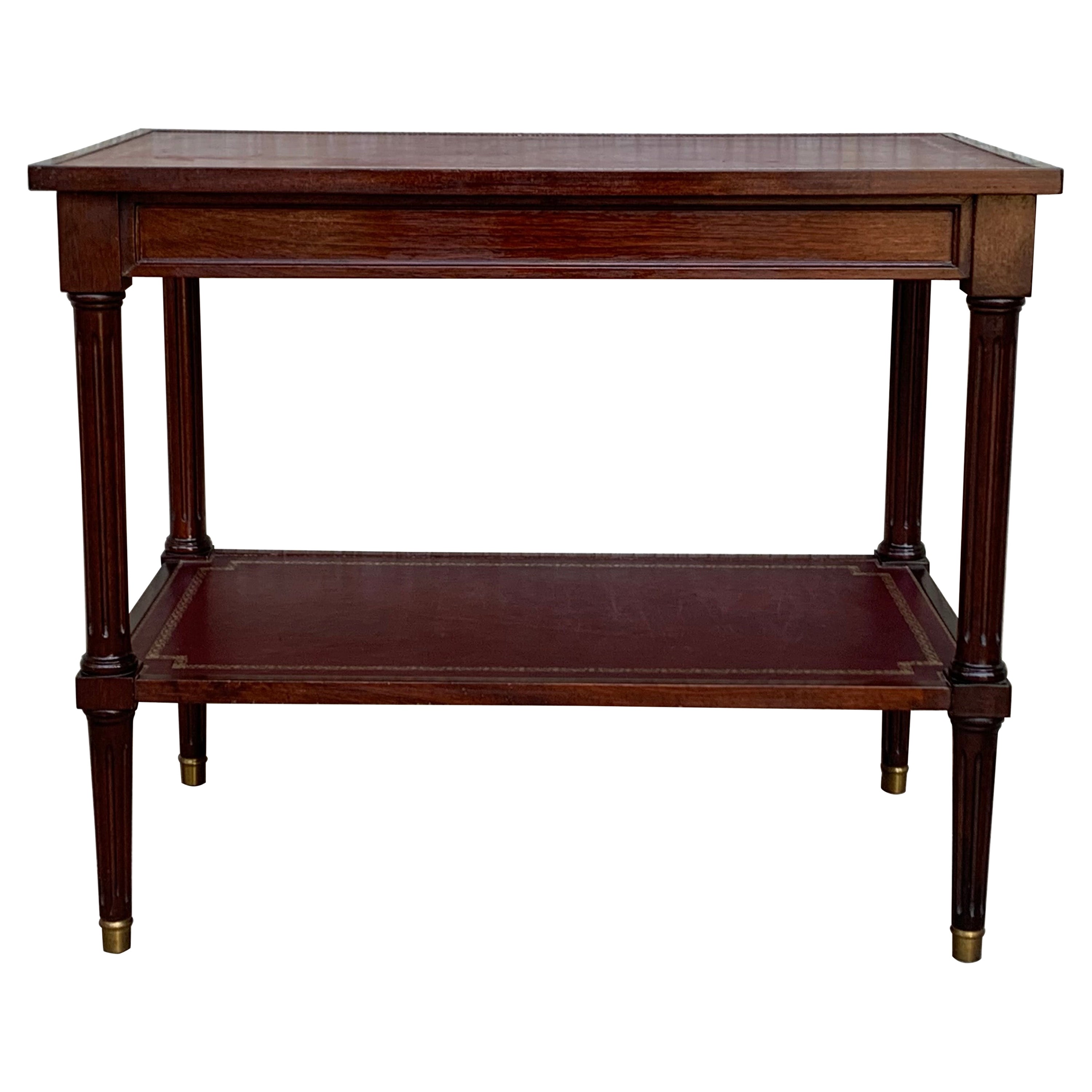 Two-Tier Red Leather Top Empire Mahogany End Table
