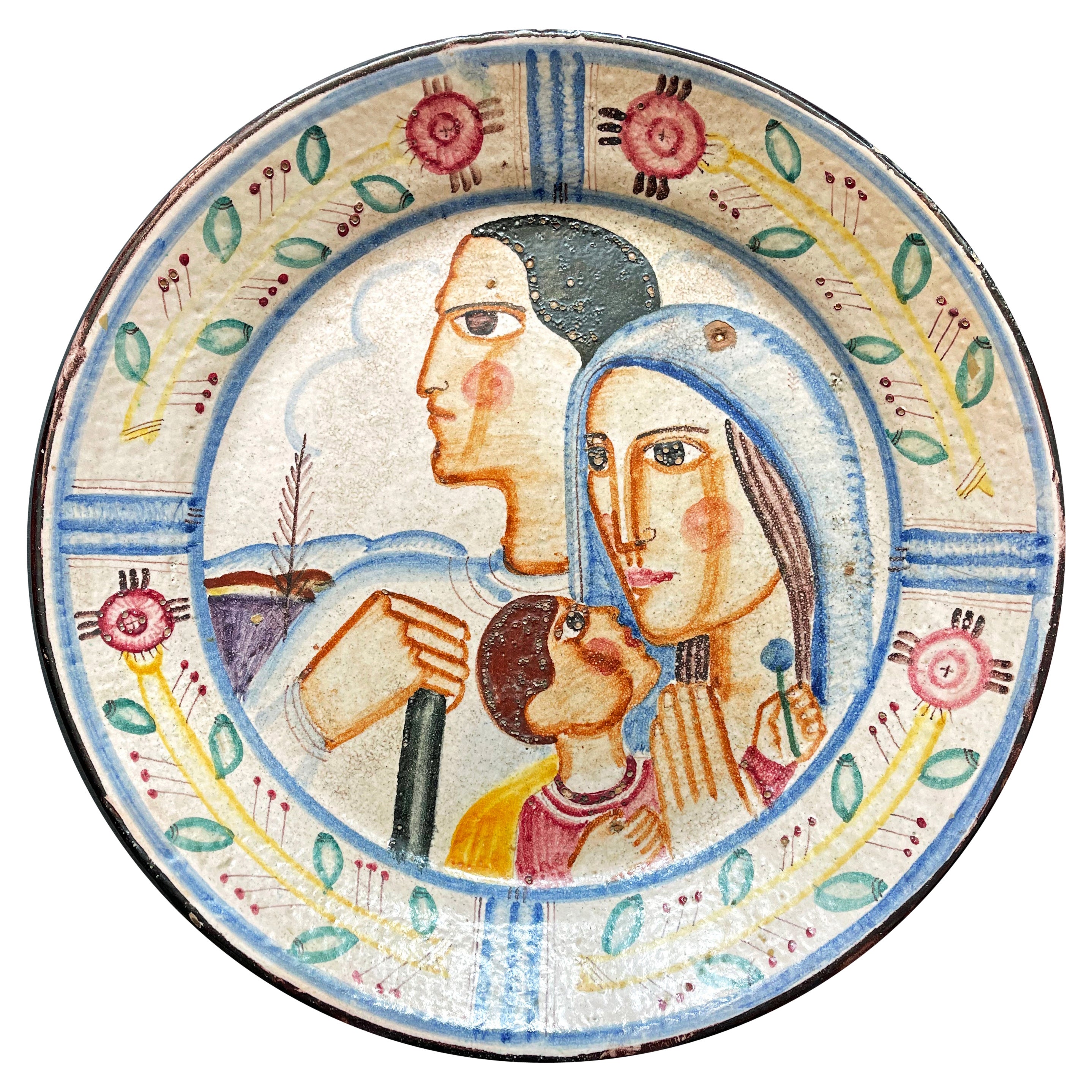 "Family in Italy, " 1930s Art Deco Wall Charger with Father, Mother and Son For Sale