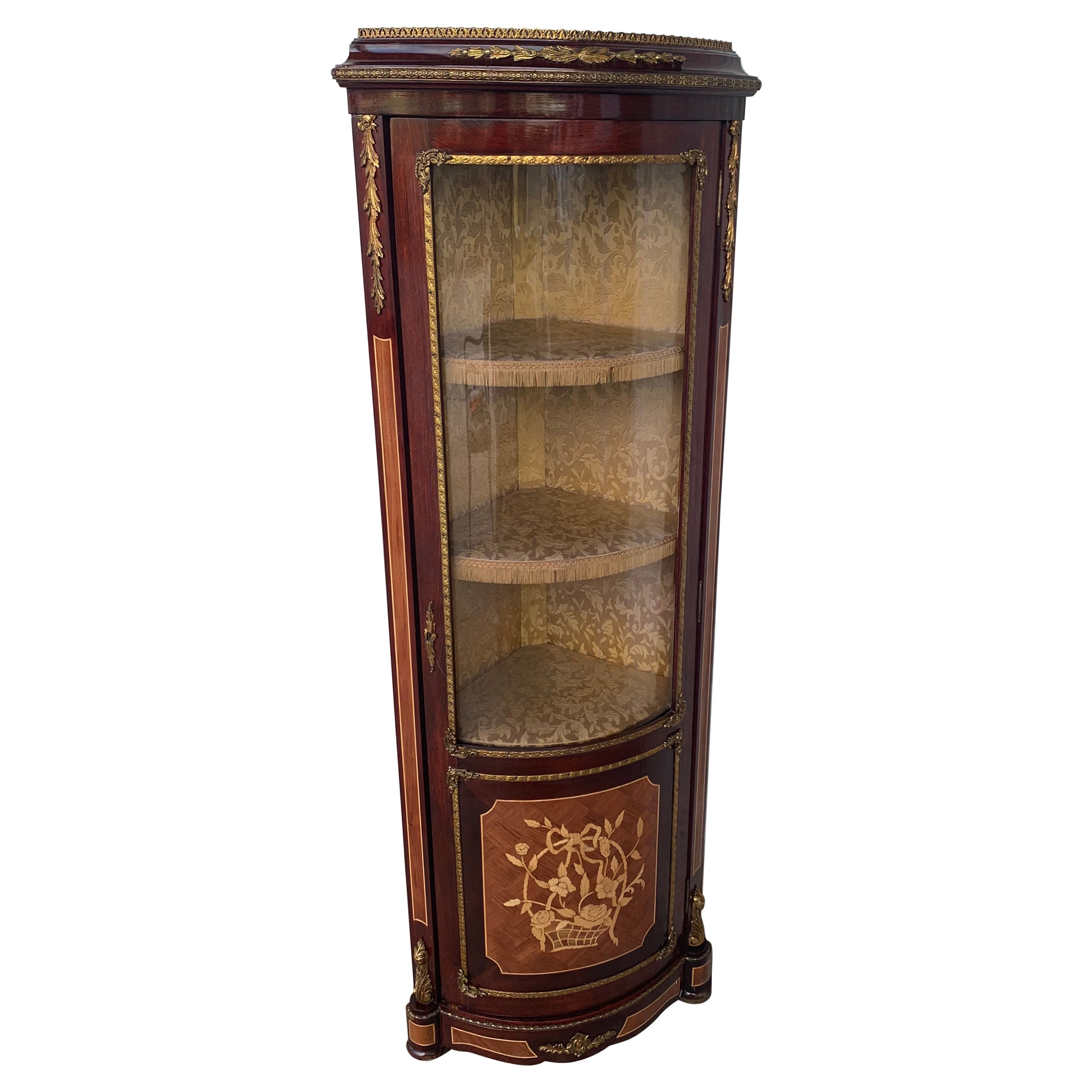 20th Century Louis XV Style Mahogany & Marquetry Corner Vitrine