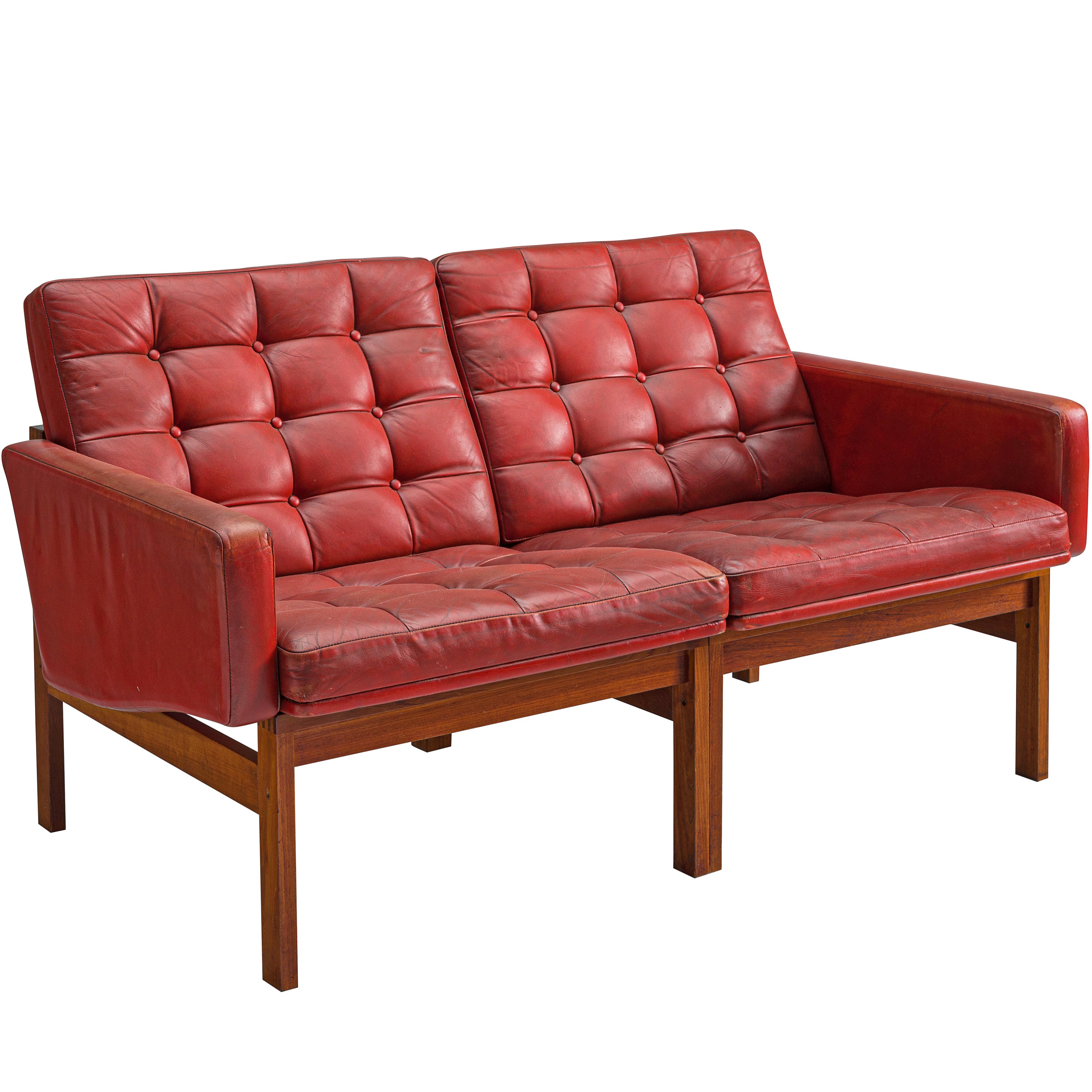 Ole Gjerløv-Knudsen & Torben Lind Two Seater Sofa in Red Leather and Teak 