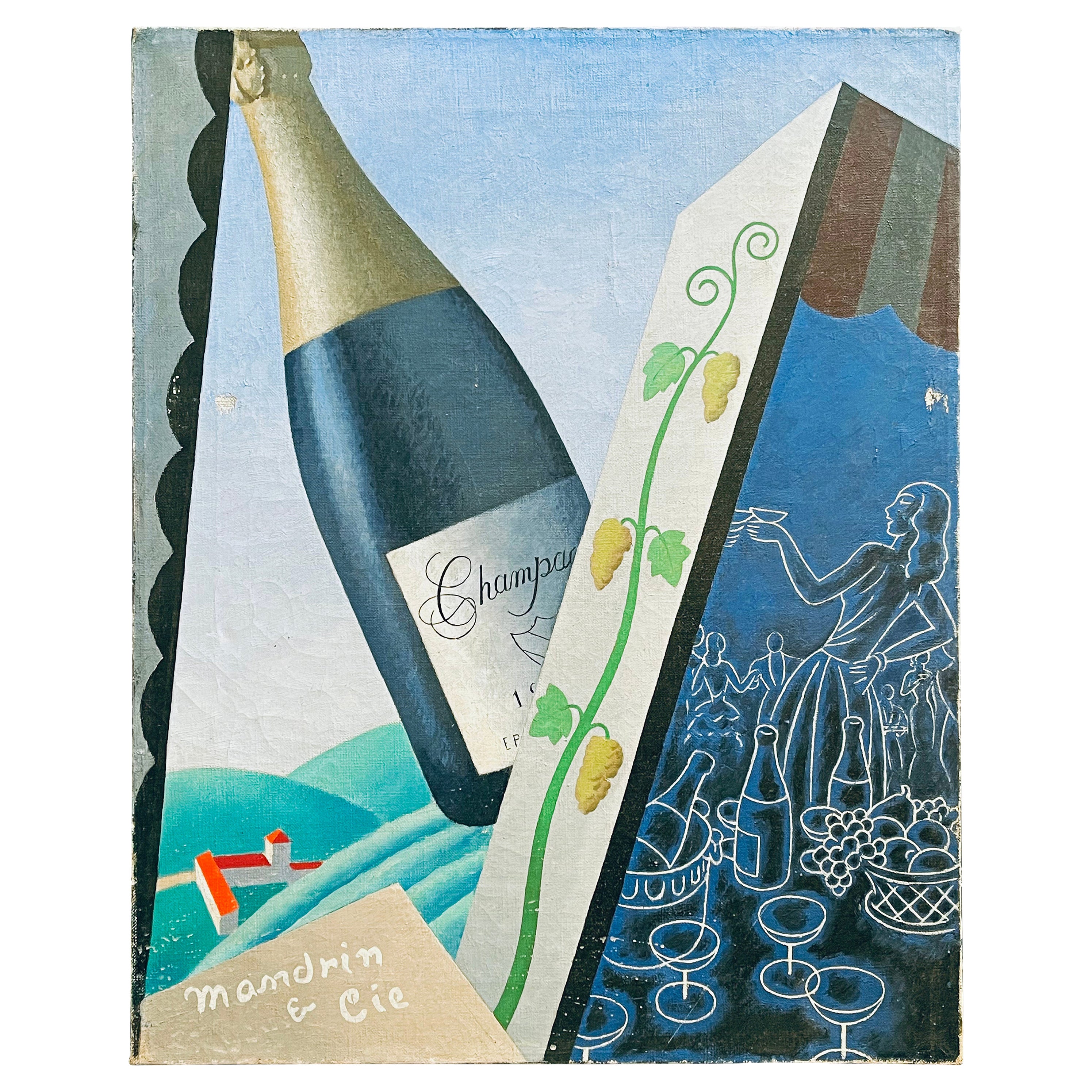 "Toasting with Champagne, " Striking Art Deco-Cubist Painting, France