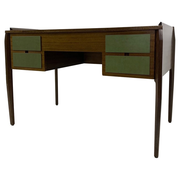 Mid-Century Modern Wooden Italian Desk with 4 Green Drawers For Sale at ...