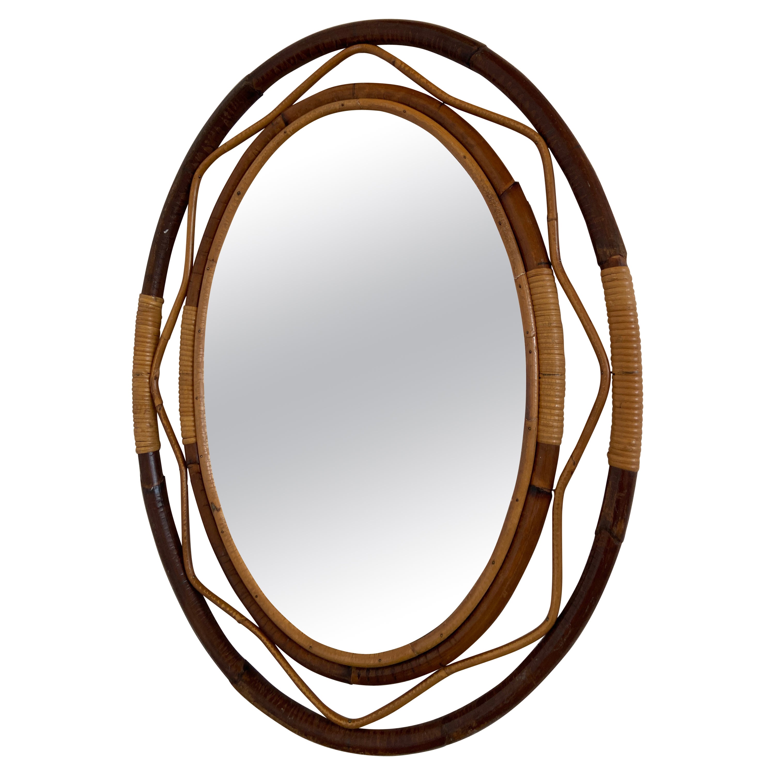 Mid-Century Modern Spanish Wicker and Cane Oval Wall Mirror, 1960s