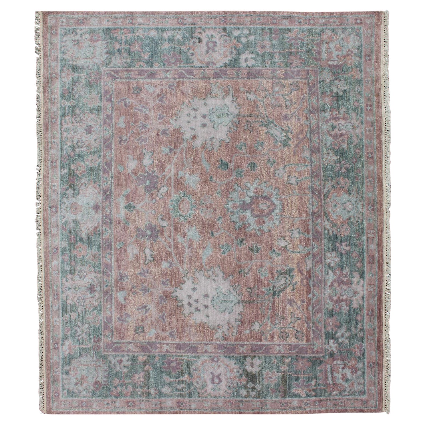 Square Oushak Design Rug in Light Green, pink and Coral with All-Over Design