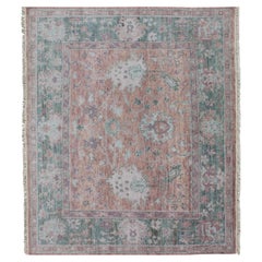 Square Oushak Design Rug in Light Green, pink and Coral with All-Over Design