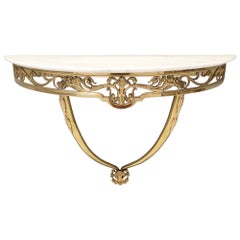 Wall-Mounted Brass Console Table with Demilune Portuguese Pink Marble Top, Italy