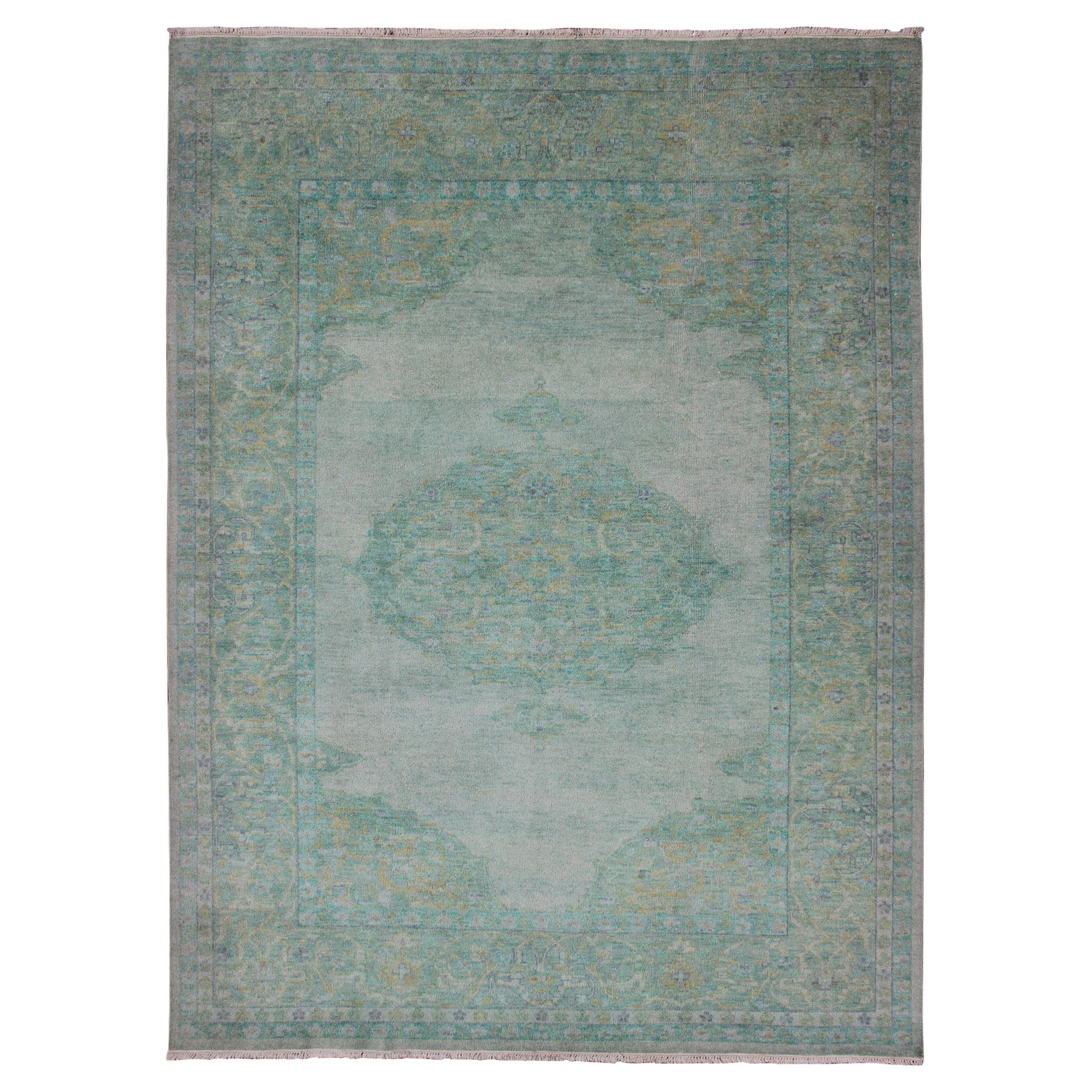 Modern Oushak Rug with Floral Medallion Design in Various Shades of Green For Sale