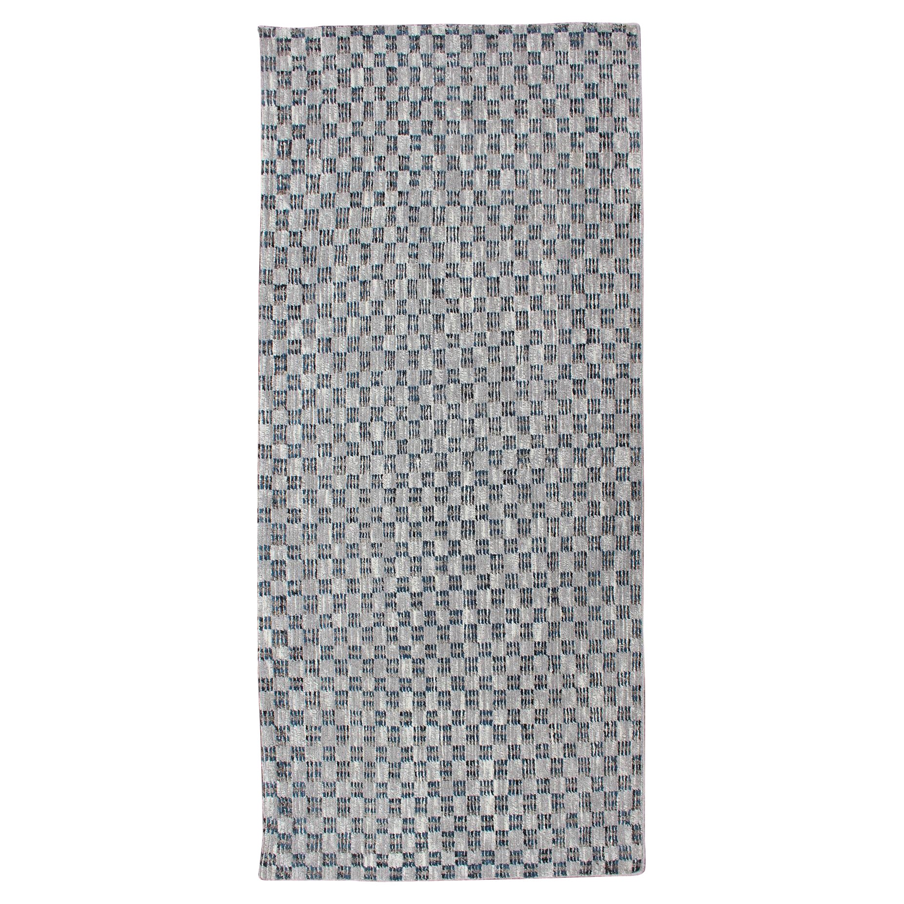 Gray and Blue Multicolored Casual Checkered Runner in Casual Modern Design For Sale