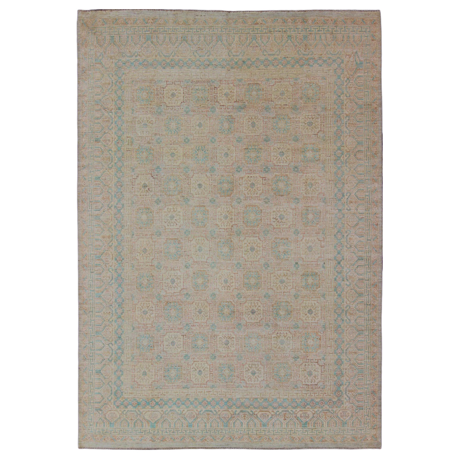 Khotan Design Rug with Geometric Medallions in Tan and Turquoise For Sale