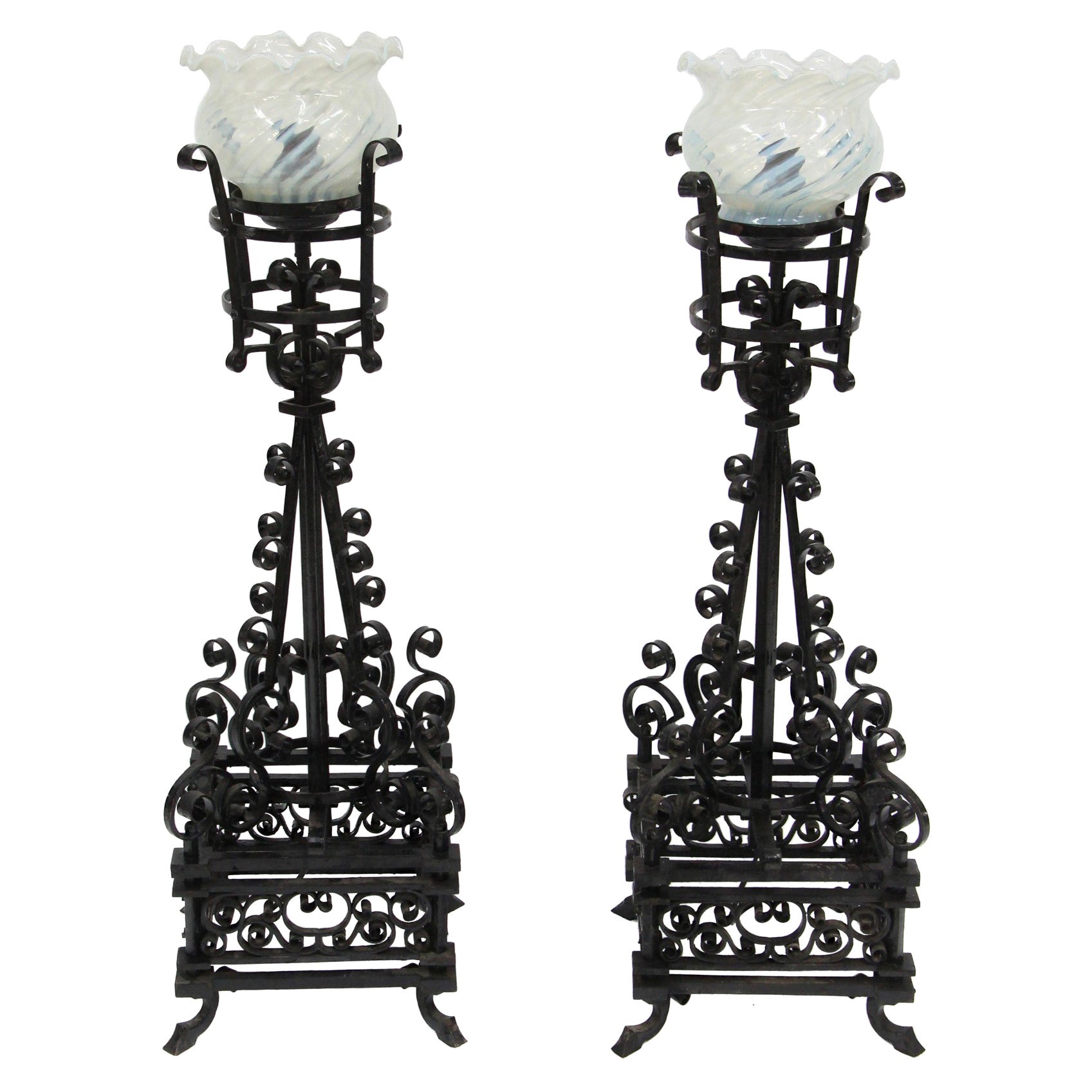 Hand Forged Wrought Iron Lamps Electrified Hand Blown Shades For Sale