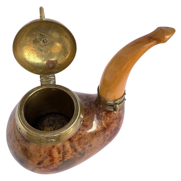 Aldo Tura Goat Skin, Brass and Wood Italian Pipe Shaped Tobacco Box, 1940s For Sale
