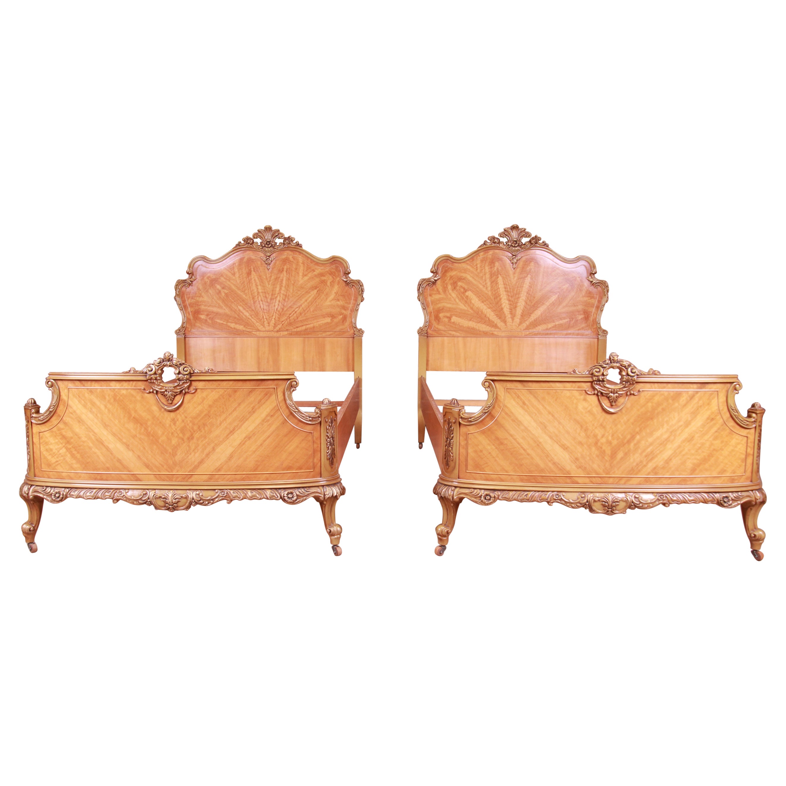 Antique Romweber French Rococo Louis XV Inlaid Satinwood Twin Beds, Pair