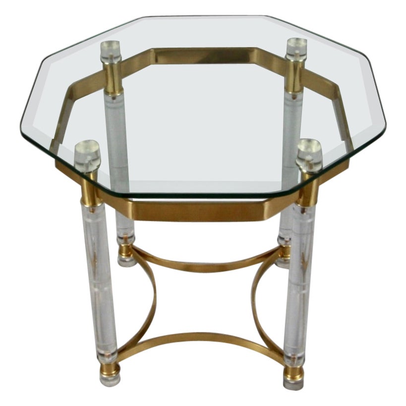 Octagonal Lucite, Brass & Glass Side Table For Sale