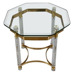 Octagonal Lucite, Brass & Glass Side Table