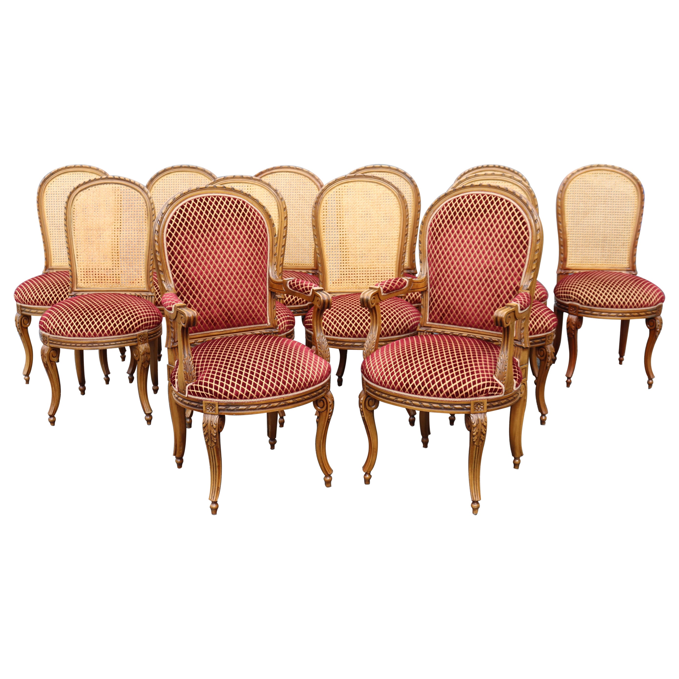 Set 12 Italian Caned Back Carved French Louis XVI Style Walnut Dining Chairs