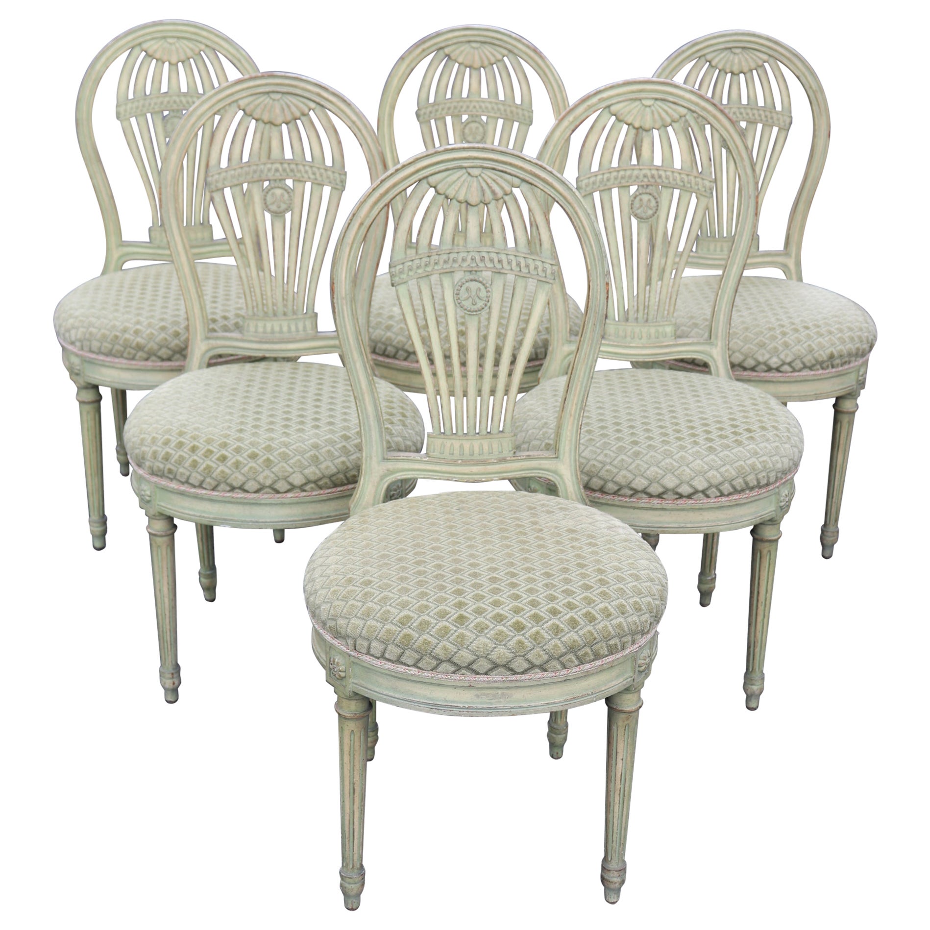 Set 6 Signed Maison Jansen Balloon Back Carved Green Painted Dining Chairs