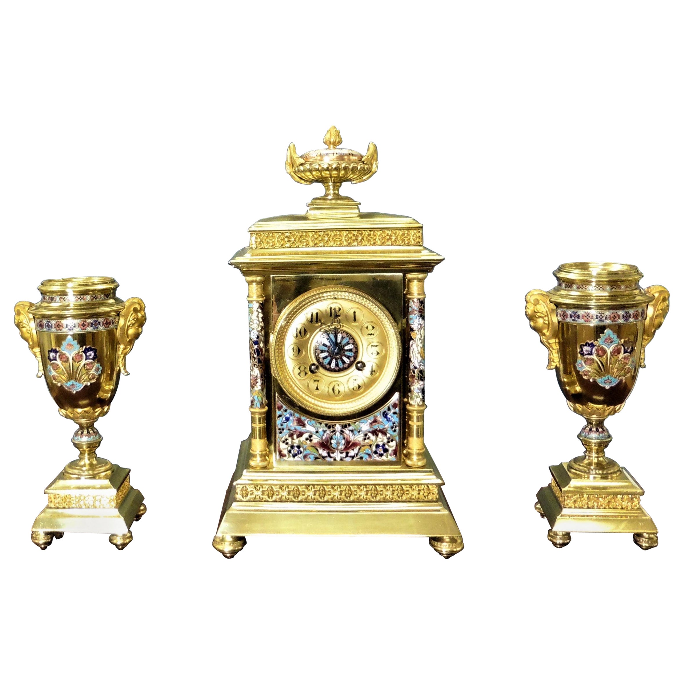 French Gilt Champleve Decorated Clock Garniture For Sale