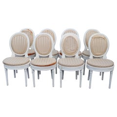 Set 8 White Painted French Louis XVI Oval Back Caned Dining Chairs, Circa 1900