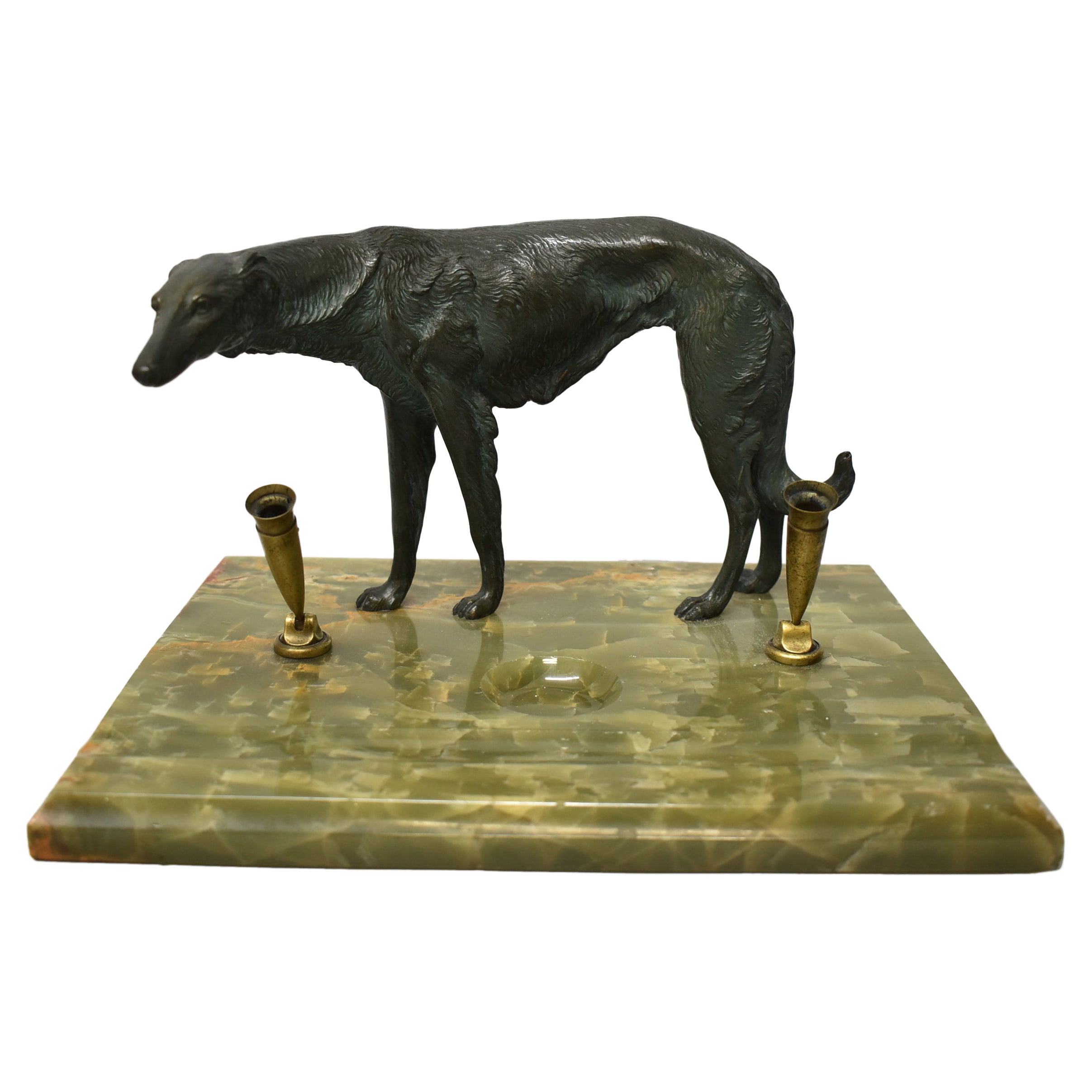 Antique Art Deco Alabaster & Bronze Borzoi Russian Wolfhound Desk Pen Holder